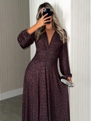 Kadın Örme Krep Bel Detay Kol Büzmelı Maxi Boy Elbise