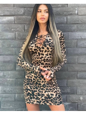 Kadın örme Viskon Kumaş eopar Desenli çapraz Göğüs Detay Mini Boy Elbise