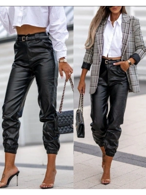 Kadın Pantolon Paçası Lastikli Deri Pantolon (kemersiz)