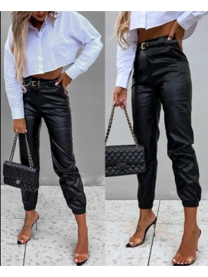 Kadın Pantolon Paçası Lastikli Deri Pantolon (kemersiz)