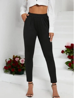 Kadın Pile Detay Beli Lastikli Günlük Slim Fit Viskon Iki Iplik Pantolon