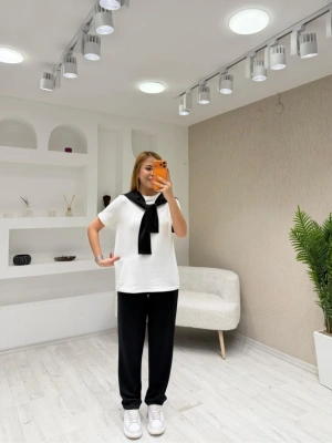 Kadın şal Dahil Bisiklet Yaka Bluz Ve Pantolon üçlü Takım