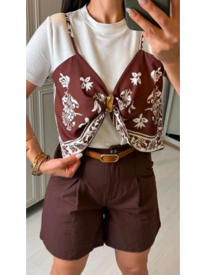 Kadın şal Desen Detay Bluz Ve Keten şort Ikili Takım