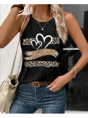 Kadın Sıfır Kol Halter Yaka Kalp Baskılı Viskon Bluz