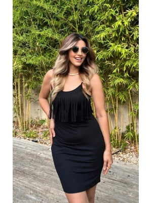 Kadın Sıfır Kol önü Püsküllü Askılı Viskon Mini Elbise