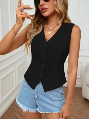 Kadın Sıfır Kol V Yakalı önden Düğmeli Atlas Yelek