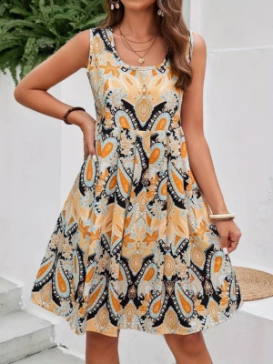 Kadın Sıfır Kol Yuvarlak Yaka çiçek Desenli Süprem Elbise