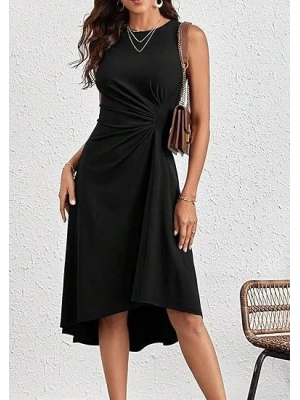 Kadın Sıfır Kollu Bisiklet Yaka Büzgülü Asimetrik Kesim Detaylı Janjan Krep Elbise