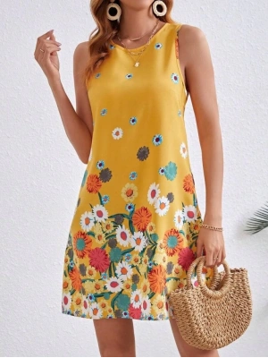Kadın Sıfır Kollu Bisiklet Yaka çiçek Desenli Süprem Mini Elbise