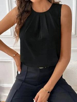 Kadın Sıfır Kollu Bisiklet Yaka önden Pileli Ithal Krep Bluz