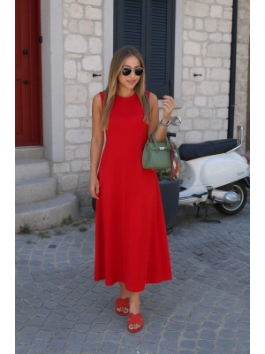 Kadın Sıfır Kollu Bisiklet Yaka Viskon Elbise