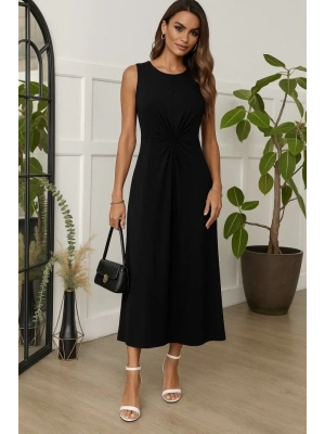 Kadın Sıfır Kollu Bisiklet Yaka Yandan Büzgü Detaylı Viskon Elbise