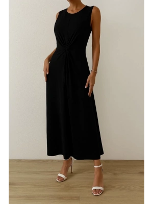 Kadın Sıfır Kollu Bisiklet Yaka Yandan Büzgü Detaylı Viskon Elbise