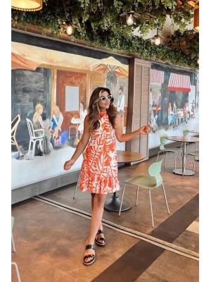 Kadın Sıfır Kollu Bisiklet Yakalı Fırfırlı Desenli Sofya Elbise