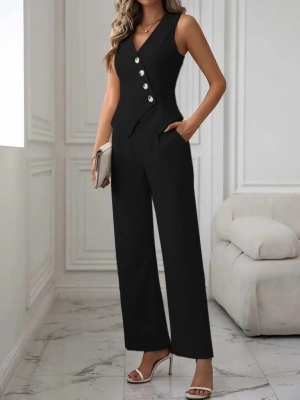 Kadın Sıfır Kollu çapraz V Yakalı önden Düğmeli Atlas Yelek Ve Pantolon Ikili Takım