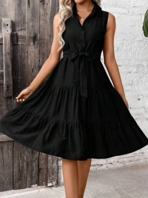 Kadın Sıfır Kollu Gömlek Yaka Düğmeli Beli Kuşaklı Katlı Dokuma Midi Elbise