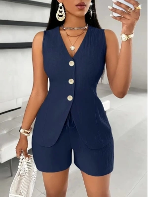 Kadın Sıfır Kollu önden Düğmeli Ithal Krep Ceket Ve Short Ikili Takım