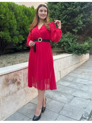 Kadın şifon Kumaş Astalı Kloş Kesim Kruvaze Yaka idi Boy Elbise