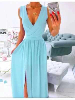 Kadın şifon Kumaş V Yaka ıfır Kol Maxi Boy Elbise