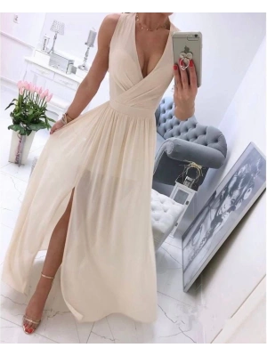 Kadın şifon Kumaş V Yaka ıfır Kol axi Boy Elbise