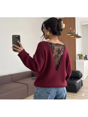 Kadın Sırtı Dantel Transparan Detay Triko Kazak