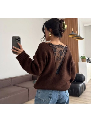 Kadın Sırtı Dantel Transparan Detay Triko Kazak