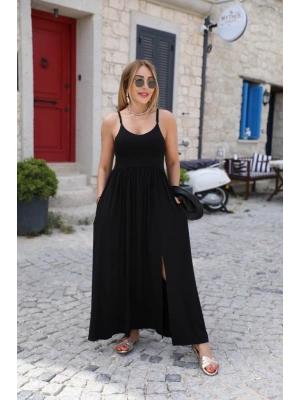 Kadın Sırttan çapraz Bağcıklı Yırtmaçlı Cepli Viskon Elbise