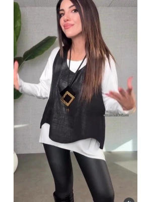 Kadın Siyah Deri Yelekli Kolye Dahil üçlü Takım