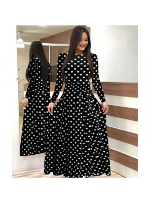 Kadın Siyah Tam Boy Beyaz Puantiyeli Elbise