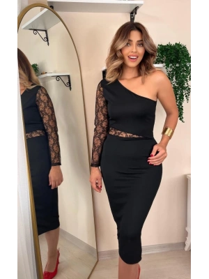 Kadın Siyah Tek Kol Dantel Detay Krep Elbise