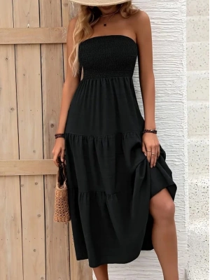 Kadın Straplez Göğüsten Lastikli Kloş Aerobin Uzun Elbise