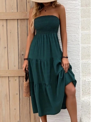 Kadın Straplez Göğüsten Lastikli Kloş Aerobin Uzun Elbise