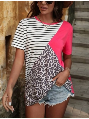 Kadın Süprem Kumaş Leopar Desenli Ve Cizgili Oversize Bluz