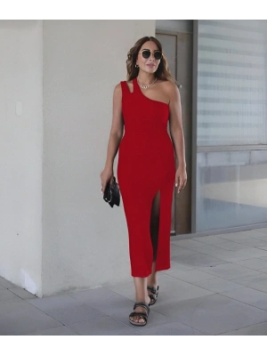 Kadın Tek Omuz Damla Detay Yırtmaçlı Krep Elbise