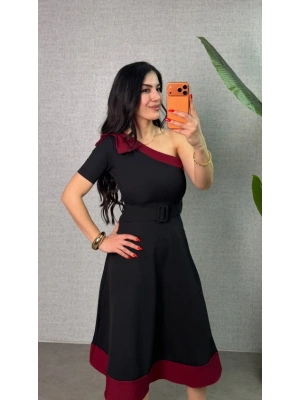 Kadın Tek Omuz Fiyonk Detaylı Midi Boy Elbise