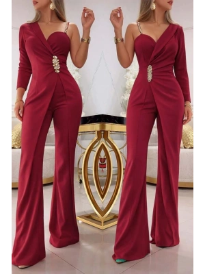 Kadın Tek Omuzdan Askılı Uzun Kollu Yakalı Yandan çiçek Aksesuar Detaylı Ithal Krep Tulum