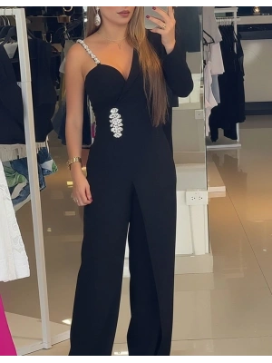 Kadın Tek Omuzdan Askılı Uzun Kollu Yakalı Yandan çiçek Aksesuar Detaylı Ithal Krep Tulum