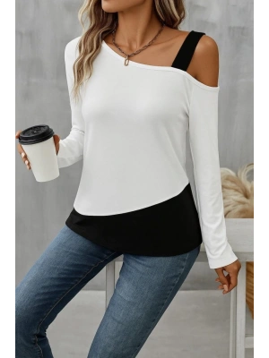 Kadın Tek Omuzu Açık Askılı çift Renkli Uzun Kollu Viskon Bluz