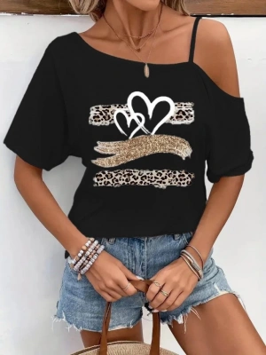 Kadın Tek Omuzu Açık Ip Askılı Baskılı Viskon Bluz