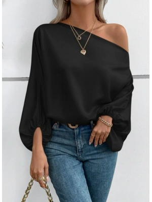 Kadın Tek Omuzu Açık Uzun Kollu Salaş Sandy Bluz