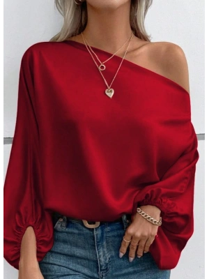 Kadın Tek Omuzu Açık Uzun Kollu Salaş Sandy Bluz