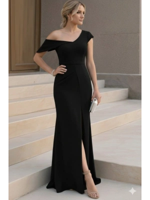 Kadın Tek Omzu Açık Kısa Kollu önden Yırtmaçlı Uzun Ithal Krep Elbise