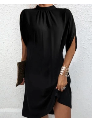 Kadın Ters Kol Detaylı Yarım Boğazlı Viskon Kumaş Mini Boy Elbise