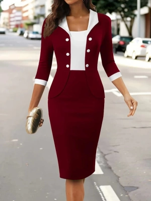 Kadın Truvakar Kol çift Renkli Düğmeli Kısa Ithal Krep Elbise