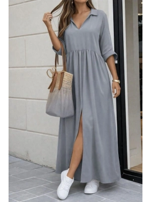 Kadın Truvakar Kollu V Yakalı Yırtmaçlı Uzun Aerobin Elbise