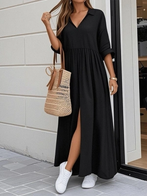 Kadın Truvakar Kollu V Yakalı Yırtmaçlı Uzun Aerobin Elbise