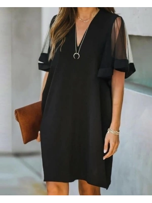 Kadın Tüllü Kısa Kollu V Yaka Krep Elbise