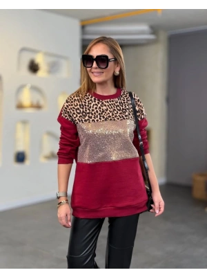 Kadın üç Iplik şardonlu Kumaş Leopar Desenli Bluz