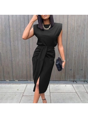 Kadın üst Vatkalı Kolsuz, Alt Büzgülü Yırtmaçlı Arkası Fermuarlı Krep Etek Bluz Takim