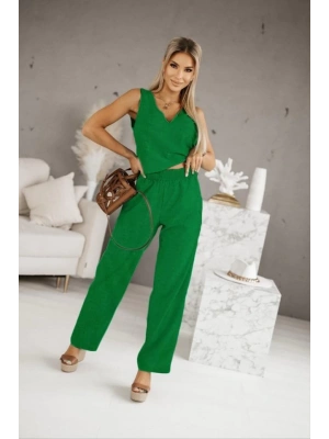 Kadın Üstü V Yaka Kolsuz Krop Alt Beli Lastikli Pantalon İki İplik Takım